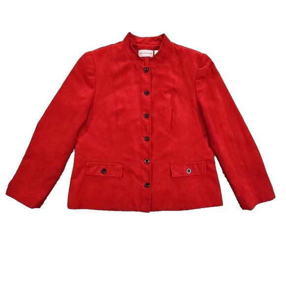 Alfred Dunner Jacket Career Blazer Size Medium Red Faux Suede Black Stitch Luxe - Picture 1 of 16